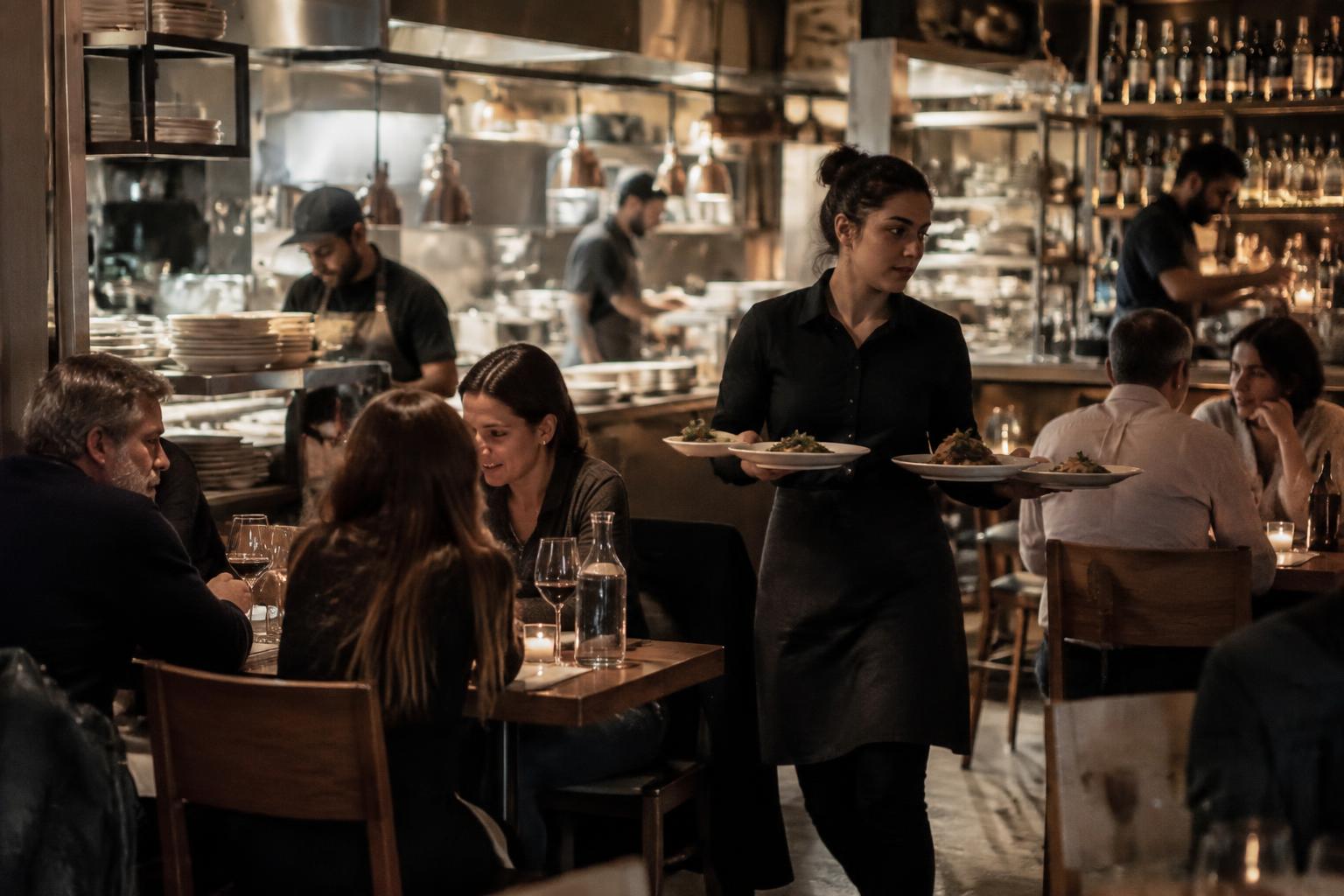 Restaurant team working through an active dinner service